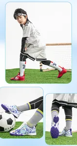 Detailed views of non-slip children's turf soccer shoes for artificial grass training.