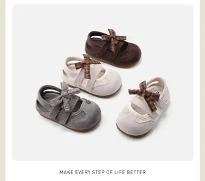 Girls' soft sole sandals featuring mesh toes and stylish plaid bow ties in four colors