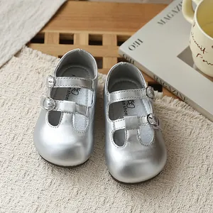 Zapatos Mary Jane plateados para niñas de estilo francés con diseño de doble hebilla