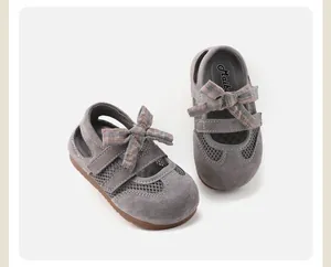 Elegant girls' grey Mary Jane shoes with plaid bow detail and soft anti-slip sole