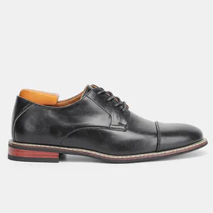 Side view of classic black men's leather business dress shoes with cap-toe detail.