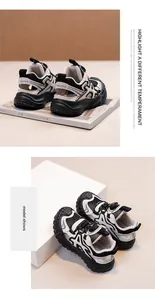 Detailed views of boys' breathable mesh chunky sneakers showing the rear and top profiles.