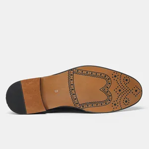 Bottom view of classic men's dress shoe with intricate brogue pattern on outsole