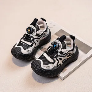 Boys Breathable Mesh Sneakers With Rotating Dial System Lightweight Tire Sole Dad Shoes For Kids Outdoor Sports Casual