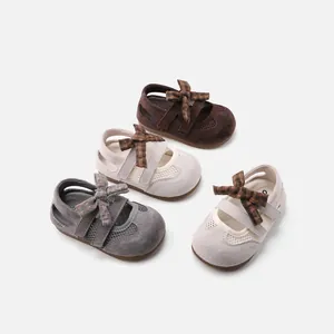 Cute toddler girls soft sole sandals with mesh panels and stylish plaid bow decoration