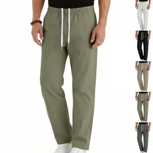 Mens drawstring casual pants showing olive green main and multiple color options
