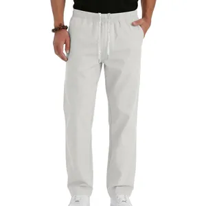 Men's light gray casual straight trousers featuring a breathable drawstring waist detail