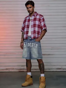 Men's street style denim shorts with Kingpin letter print and glittery rhinestone stars