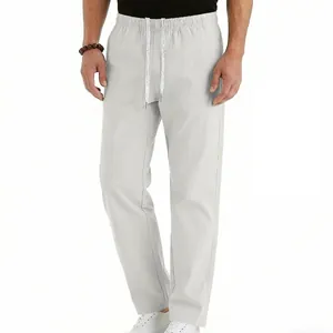 Close-up view of men's light gray drawstring casual pants with a comfortable straight-leg fit