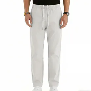 Detailed front view of men's breathable light grey casual straight trousers with drawstring.