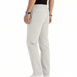 Side-back view of men's light gray breathable casual straight trousers for summer wear
