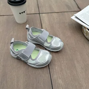 Silver breathable mesh girls' sandals with toe protection and Velcro strap detail