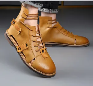 Detail view of men's retro hollow-out high-top Roman sandals with back zipper closure.