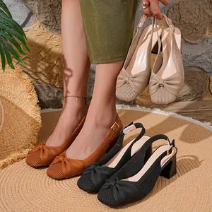 Sandali Da Donna In Fly Knit Con Tacco A Blocchi E Nodo A Fiocco Sandali Slingback Traspiranti Con Punta Quadrata E Tacchi Alti Retro