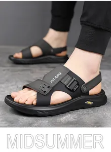Macro view showing the side buckle and breathable strap design of black men's summer sandals