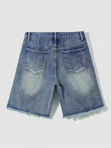 Detailed back view of men's light blue non-stretch denim shorts featuring frayed raw hems