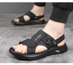 Detailed side view of men's breathable black beach sandals with soft anti-slip rubber sole