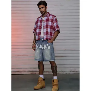 Men's Streetwear Denim Shorts With Rhinestone And Gothic Letter Print Non-Stretch Washed Frayed Hem Shorts Summer Bottom