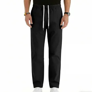 Detail view of men's black straight-leg casual trousers with adjustable drawstring