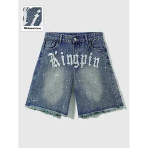 Men's denim shorts with rhinestone embellishments and a gothic Kingpin graphic print