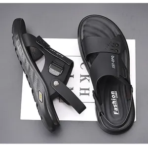 Detailed view of black men's breathable sandals with adjustable straps and soft soles
