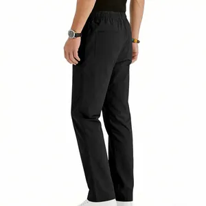 Side view of men's black straight casual trousers with elastic waist and back pocket.
