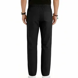 Rear view of black men's casual trousers featuring elastic waist and back pockets.