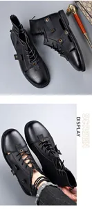 Detailed view of men's black high-top Roman sandals with back zipper closure.