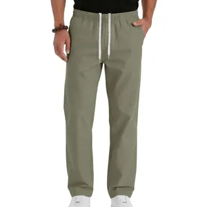 Detailed front view of men's olive green drawstring casual pants in a comfortable loose fit