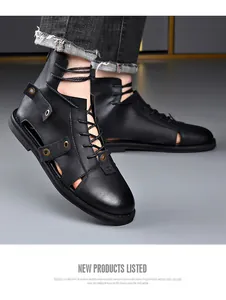 Detail shot of black high-top Roman hollow sandals for men with a back zipper