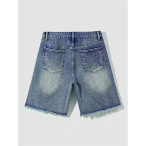 Professional back view of men's washed blue non-stretch denim shorts with frayed hems