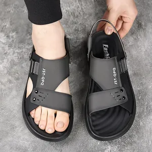 Breathable soft-sole men's beach sandals in dark grey with adjustable heel strap
