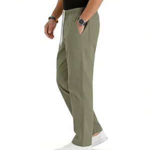 Side detail view of sage green men's lightweight drawstring straight-leg casual trousers
