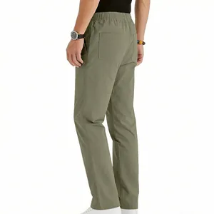 Side view detail of men's breathable olive green casual straight trousers