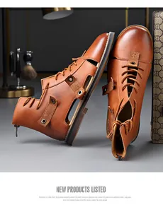 Vintage brown leather high-top Roman sandals for men with cutout design and zipper