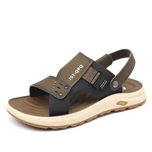 Men's breathable beach sandals with olive green straps and soft beige non-slip sole
