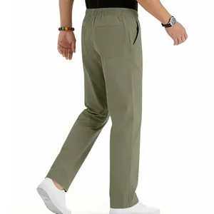 Close-up rear side view of men's sage green straight leg casual trousers for summer.