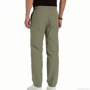 Rear view of men's olive green casual straight pants with elastic waist and pockets