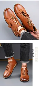 Close-up detail views of men's brown vintage hollow-out Roman leather sandals with back zipper