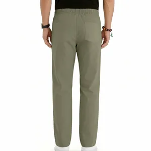 Detailed back view of men's casual olive green straight-leg trousers with pockets