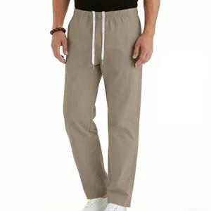 Detailed view of khaki men's breathable straight trousers with drawstring waist.