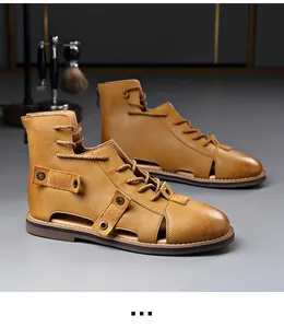 Detailed side view of vintage high-top leather gladiator sandals with back zipper