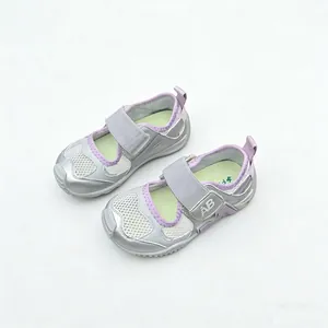 Silver girls' breathable closed-toe summer sandals with purple accents and soft sole