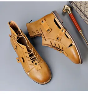 Top-down view of men's retro tan leather gladiator cutout sandals with back zipper