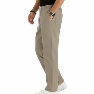Detailed side view of khaki straight-leg casual trousers with drawstring waist for men