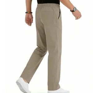 Back view of men's khaki straight-leg casual trousers showing pocket and seam details