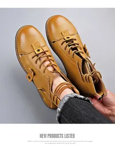 Detail shot of retro yellow high-top Roman sandals with cutout design and back zipper