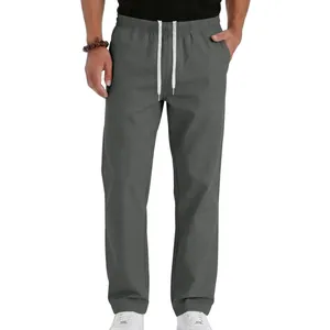 Detailed view of men's grey breathable casual straight-leg trousers with white drawstring.