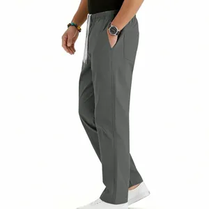 Side view of men's grey straight-leg drawstring trousers for casual summer wear
