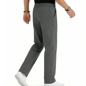 Detailed back view of men's dark grey straight-leg casual trousers with elastic waistband.